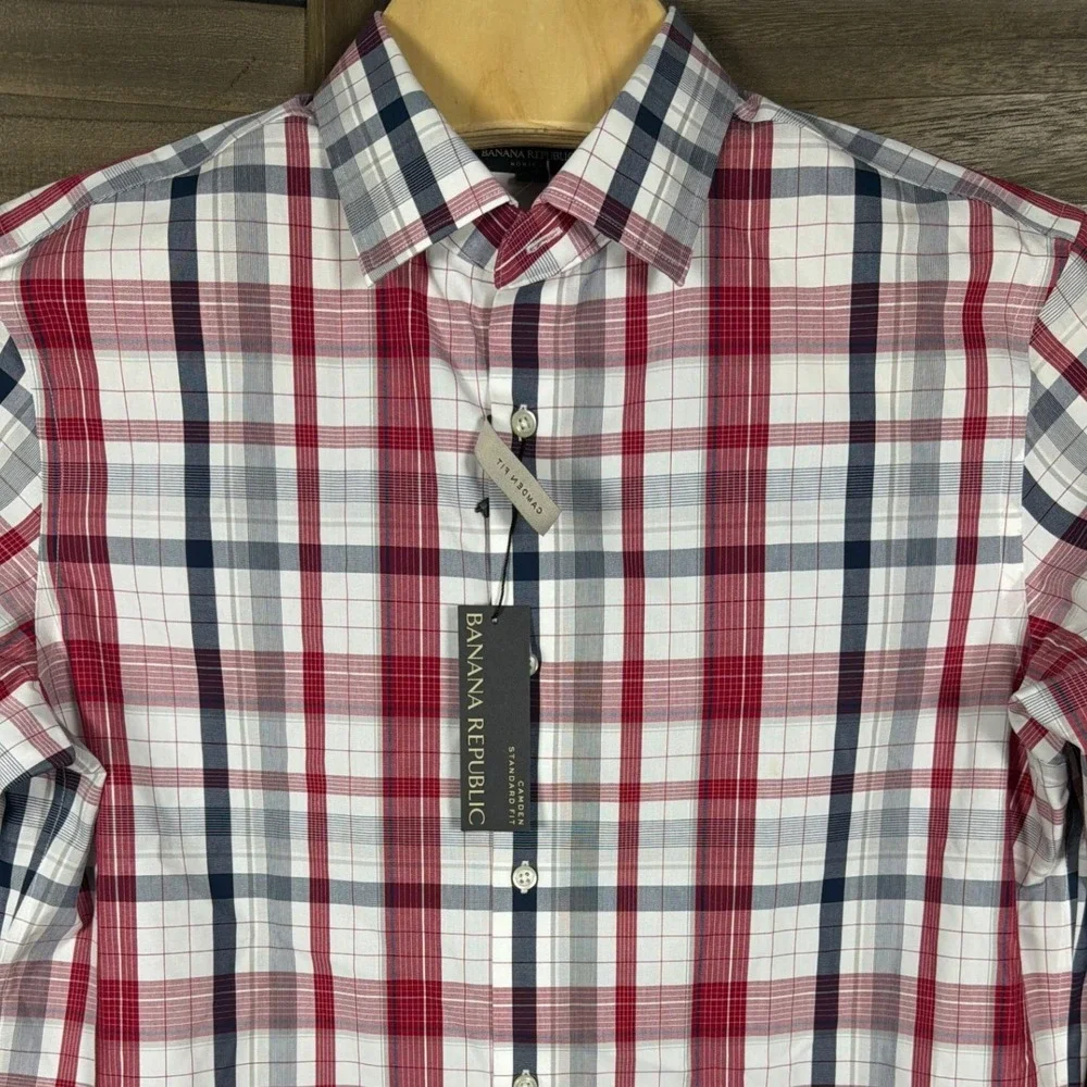 Banana Republic Men L Camden Fit Non-Iron Plaid Button Down Shirt Red Navy White